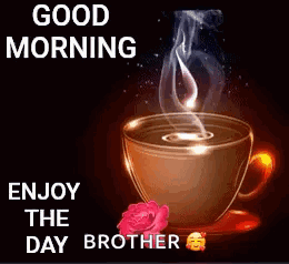 A Cup Of Coffee With Smoke Coming Out Of It Is On A Saucer With A Rose . GIF