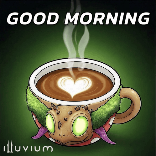 A Cup Of Coffee With Steam Coming Out Of It And The Words Good Morning Underneath GIF