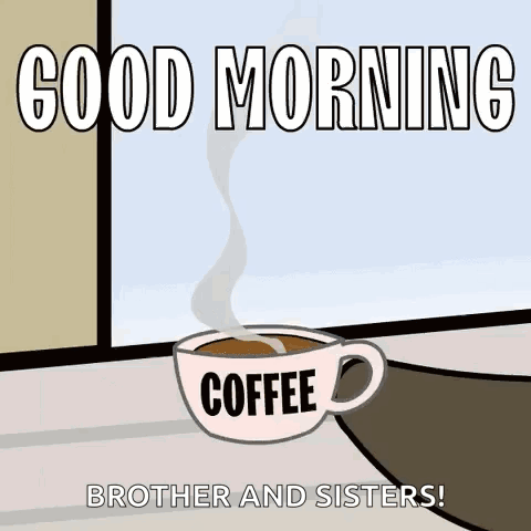 A Cup Of Coffee With Steam Coming Out Of It Is Sitting On A Window Sill . GIF