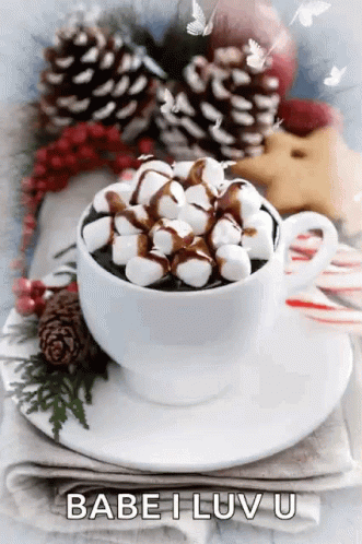 A Cup Of Hot Chocolate With Marshmallows On Top Is On A Saucer . GIF