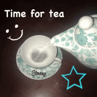 A Cup Of Tea Is Being Poured Into A Saucer With The Words Time For Tea Written Above It GIF