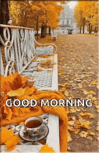 a cup of tea is sitting on a bench surrounded by leaves .