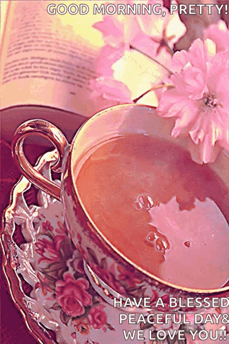 A Cup Of Tea Sits On A Saucer Next To A Book With The Words Good Morning Pretty GIF