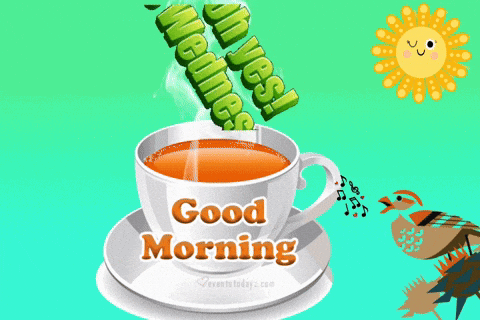 A Cup Of Tea With The Words " Good Morning " Written On It GIF