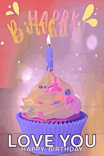 A Cupcake With A Candle On Top Of It And The Words `` Happy Birthday Love You '' . GIF