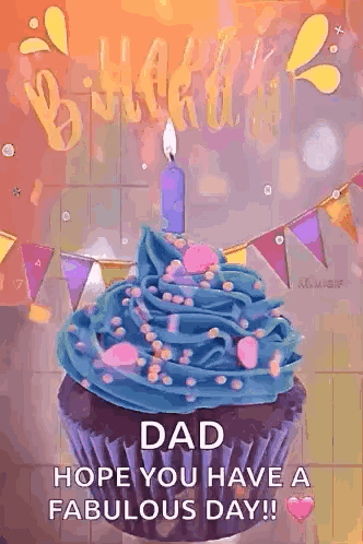 A Cupcake With Blue Frosting And A Candle On Top Of It GIF