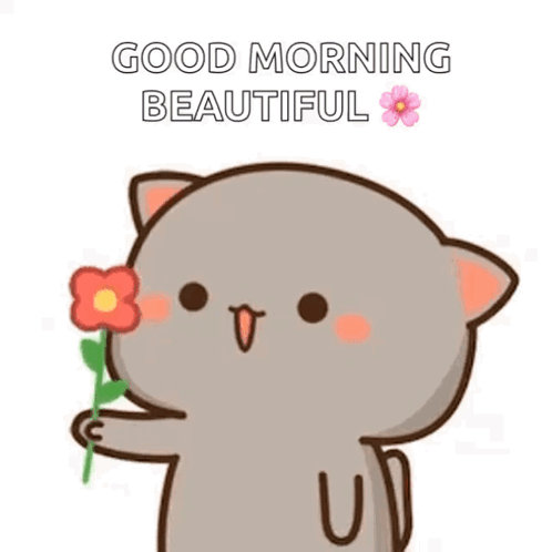 A Cute Cartoon Cat Is Holding A Flower And Saying Good Morning Beautiful . GIF