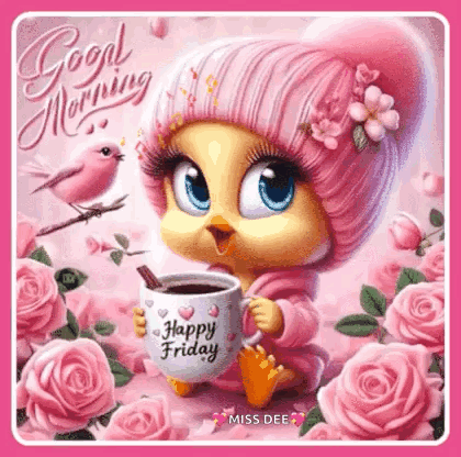 A Cute Cartoon Chick Is Holding A Cup Of Coffee And A Happy Friday Greeting Card . GIF