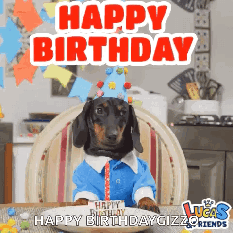A Dachshund Wearing A Birthday Hat Is Sitting At A Table With A Plate Of Food And A Candle . GIF