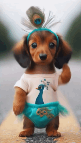 A Dachshund Wearing A Peacock Outfit With A Peacock Feather Headband GIF