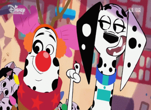 A Dalmatian And A Clown From Disney 'S 101 Dalmatians Are Standing Next To Each Other GIF