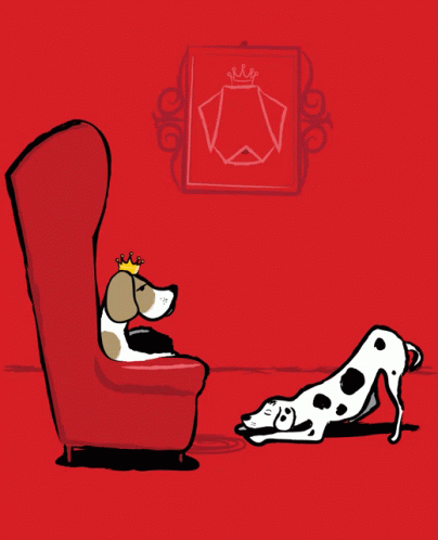 A Dalmatian Wearing A Crown Sits In A Red Chair Next To Another Dalmatian GIF