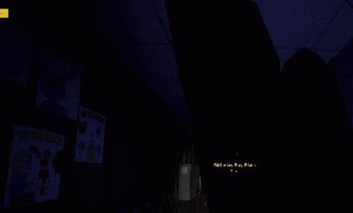 A Dark Hallway With A Checkered Wall And A Yellow Arrow Pointing To The Left GIF