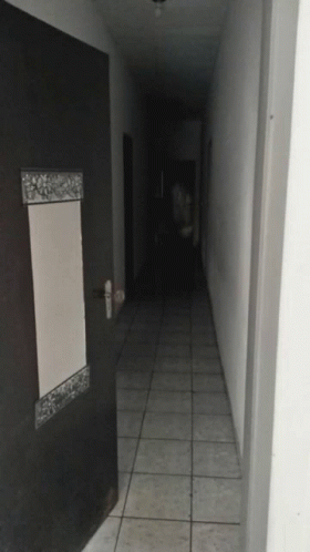 A Dark Hallway With A Door And A Mirror GIF