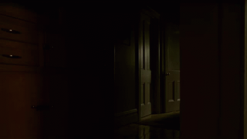 A Dark Hallway With A Few Dressers And A Door GIF