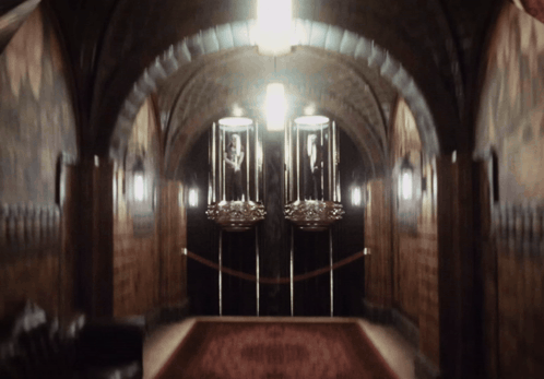 A Dark Hallway With A Red Carpet And Two Displays GIF