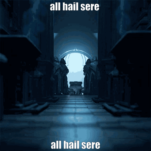 A Dark Hallway With The Words All Hail Sere All Hail Sere On The Bottom GIF