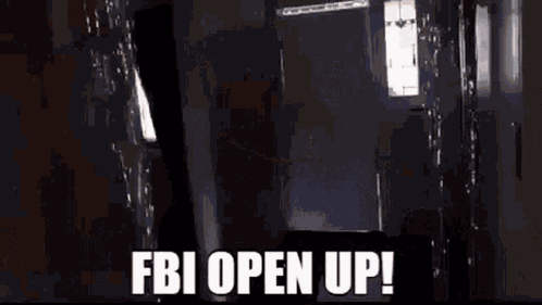 A Dark Hallway With The Words `` Fbi Open Up '' Written On The Bottom . GIF