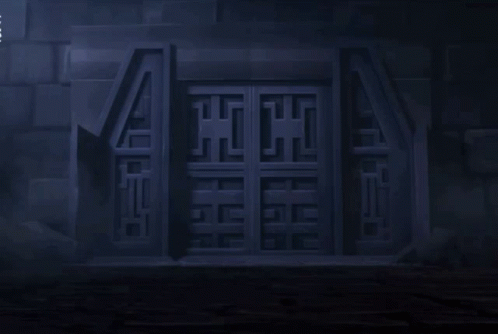 A Dark Room With A Light Shining Through A Door With The Letter C On It GIF