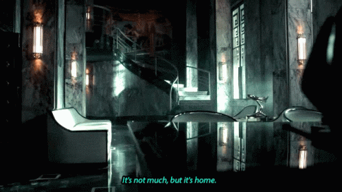A Dark Room With The Words It 'S Not Much But It 'S Home On The Bottom Right GIF