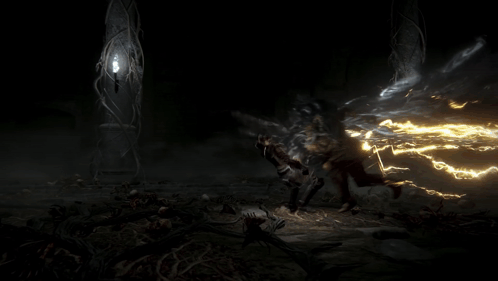 A Dark Scene With A Light Coming Out Of A Pillar GIF