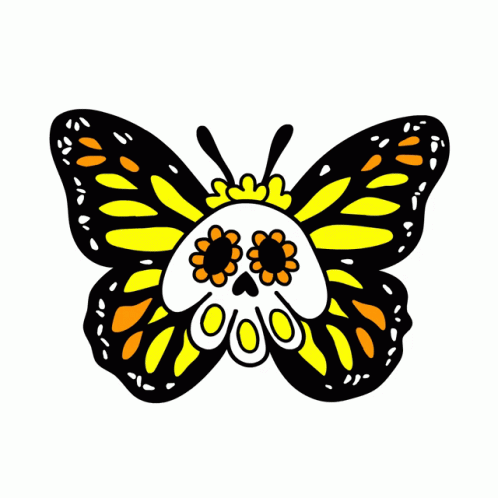A Day Of The Dead Butterfly With A Skull And Flowers On Its Wings GIF