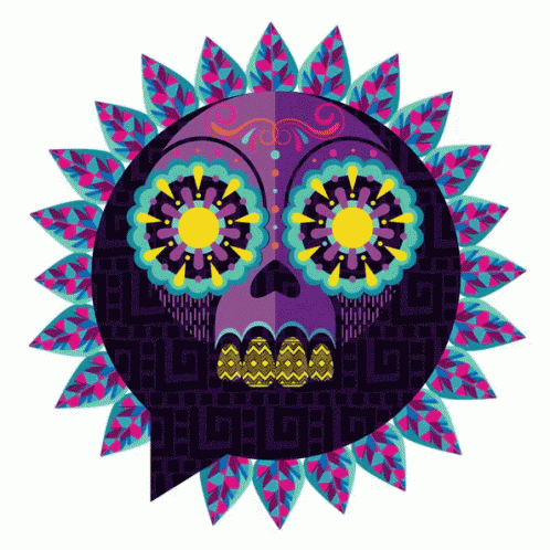 A Day Of The Dead Illustration With A Skull In The Center GIF