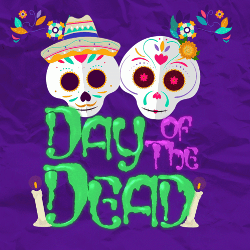 A Day Of The Dead Poster With Two Sugar Skulls On A Purple Background GIF