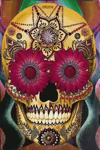 A Day Of The Dead Skull With Pink Flowers On It GIF