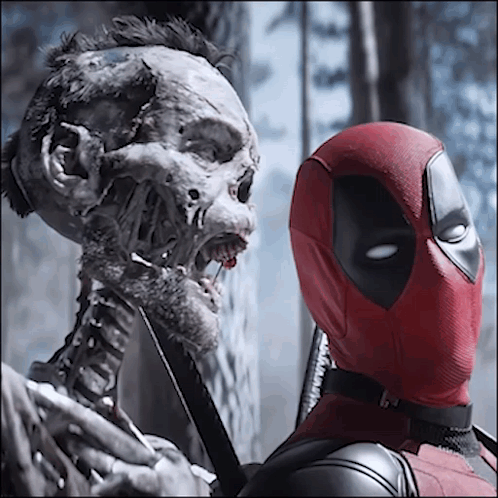 A Deadpool Standing Next To A Skeleton With Blood Coming Out Of Its Mouth GIF
