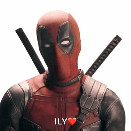 A Deadpool With Two Swords Behind His Back Says Ily With A Heart GIF
