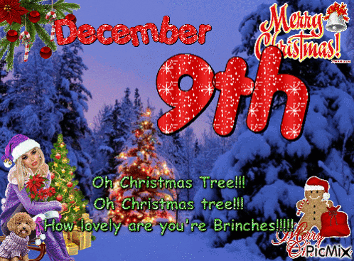 A December 9Th Merry Christmas Greeting Card With A Woman And A Dog GIF