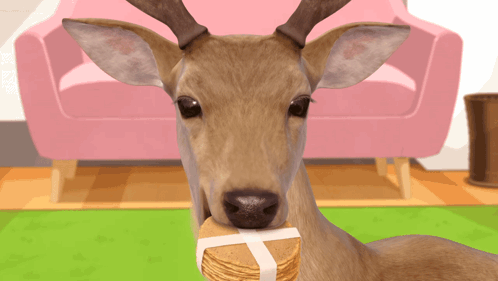 A Deer Holding A Stack Of Crackers In Front Of Its Face GIF