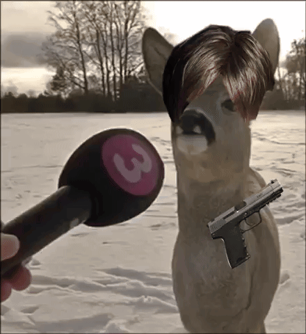 A Deer Wearing A Wig And Holding A Gun Is Being Interviewed By A Microphone With The Number 3 On It GIF