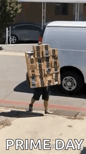 A Delivery Man Is Carrying A Stack Of Boxes On His Back . GIF