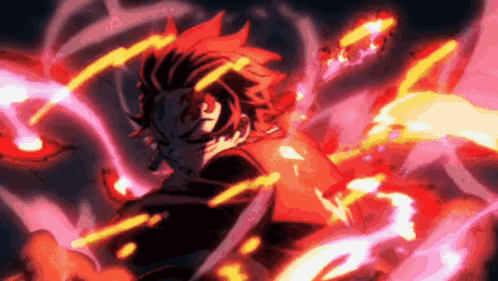 A Demon Slayer Character Is Surrounded By Red And Yellow Flames And Smoke . GIF