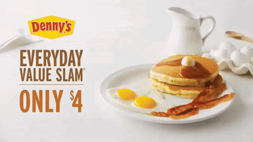 A Denny 'S Advertisement Shows A Plate Of Pancakes And Eggs GIF
