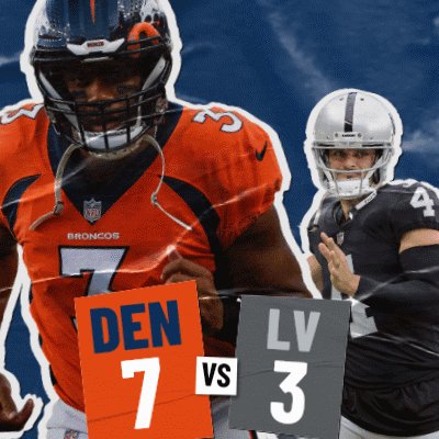 a denver broncos player holds up a sign that says den 7 vs lv 3