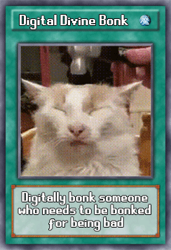 A Digital Divine Bonk Card With A White Cat On It GIF