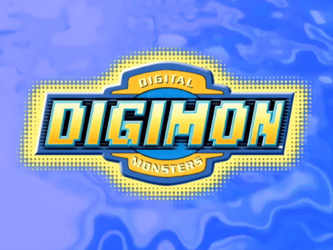 A Digital Monsters Logo On A Blue And Yellow Background GIF