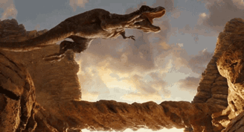 A Dinosaur Is Jumping Over A Bridge With Its Mouth Wide Open GIF