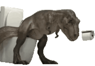 A Dinosaur Is Sitting On A Toilet And Looking At A Roll Of Toilet Paper GIF