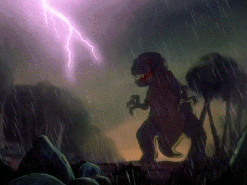 A Dinosaur Is Standing In The Rain With A Lightning Bolt In The Background GIF