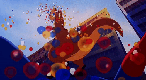 A Dinosaur Is Surrounded By Balloons And Confetti GIF