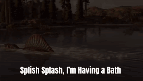 A Dinosaur Is Swimming In A Lake With The Words Splish Splash I 'M Having A Bath GIF