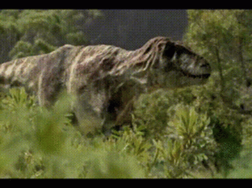 A Dinosaur Is Walking Through A Field Of Grass GIF