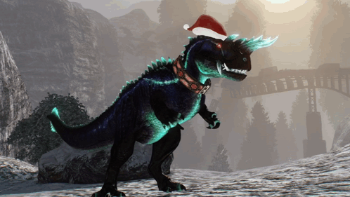 a dinosaur is wearing a santa hat and a collar