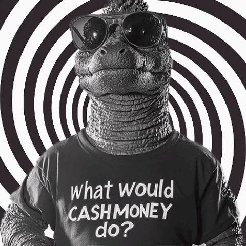 A Dinosaur Wearing Sunglasses And A T-Shirt That Says " What Would Cashmoney Do " GIF