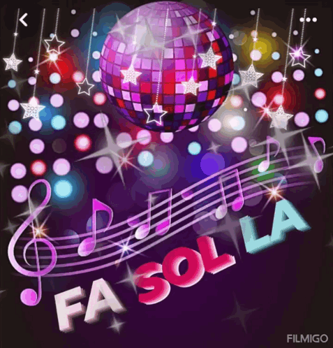 A Disco Ball Is Surrounded By Music Notes And The Word Fa Sola GIF
