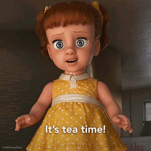 A Disney Pixar Doll Says It 'S Tea Time While Wearing A Yellow Dress GIF